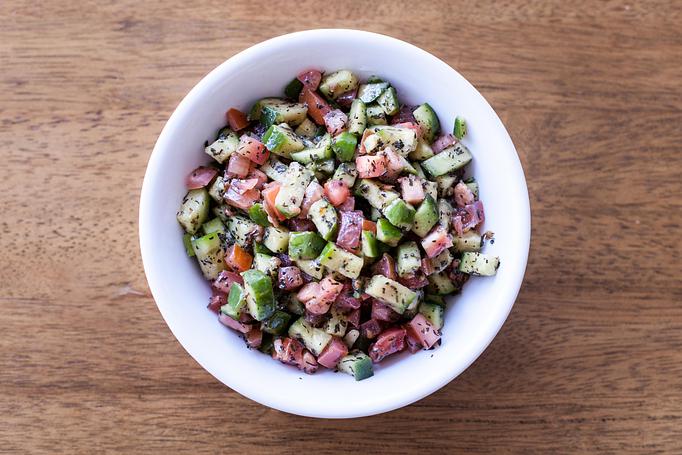 Product: Shirazi salad is papular iranian salad. made with fresh diced tomato, cucumber, onion and dressed with oil and lemon and meant seasoning. - Aiden's Grill in la crescenta / montrose / sunlandtujunga  /goendale - Glendale, CA Mediterranean Restaurants