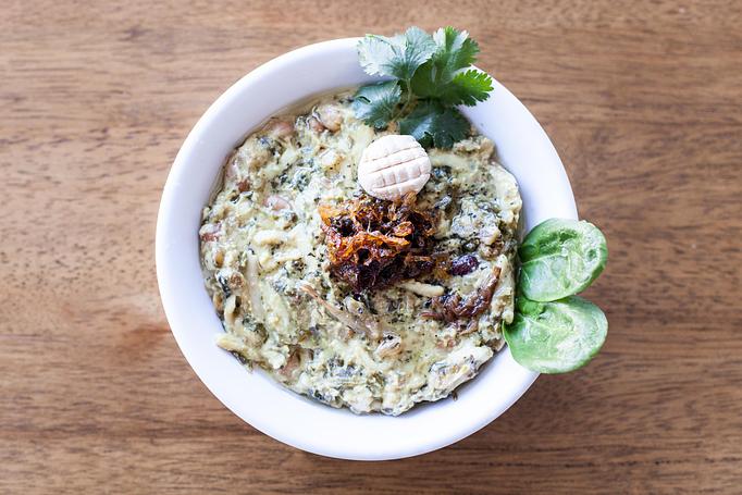 Product: Ashe reshteh is Persian noodle soup made with a mix of herbs, fried onion, garlic, garbanzo beans, white beans, lentil. flavored with kashk and yogurt. - Aiden's Grill in la crescenta / montrose / sunlandtujunga  /goendale - Glendale, CA Mediterranean Restaurants