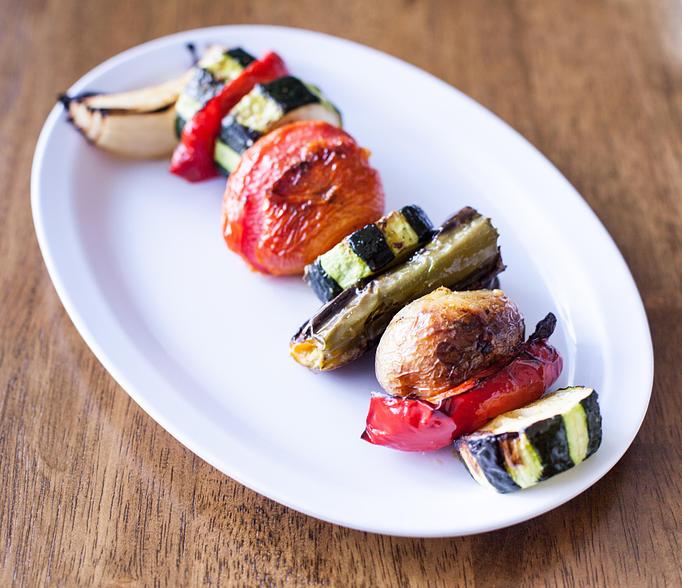 Product: fresh cut mix veggie kabob, is a vegetarian and vegan option, seasoned well cook to perfection. - Aiden's Grill in la crescenta / montrose / sunlandtujunga  /goendale - Glendale, CA Mediterranean Restaurants