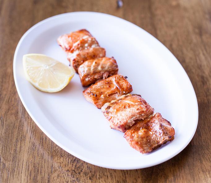 Product: salmon kabob, daily well marinaded with. oil, lemon juice and authentic persian seasoning cook on open flame to perfection. - Aiden's Grill in la crescenta / montrose / sunlandtujunga  /goendale - Glendale, CA Mediterranean Restaurants