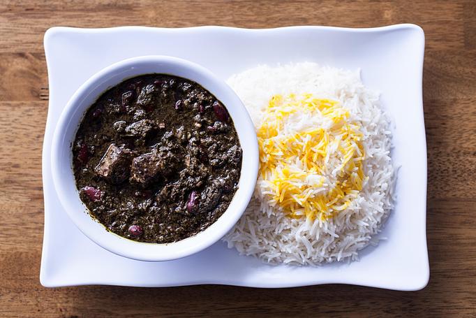 Product: Ghormeh sabzi is Papular Iranian Stew, made with 4 kinde of fresh Greens, red beans, diced beef and dried lime. - Aiden's Grill in la crescenta / montrose / sunlandtujunga  /goendale - Glendale, CA Mediterranean Restaurants