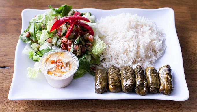 Product: Combination of rice, grape leaves, salad and hummus. - Aiden's Grill in la crescenta / montrose / sunlandtujunga  /goendale - Glendale, CA Mediterranean Restaurants