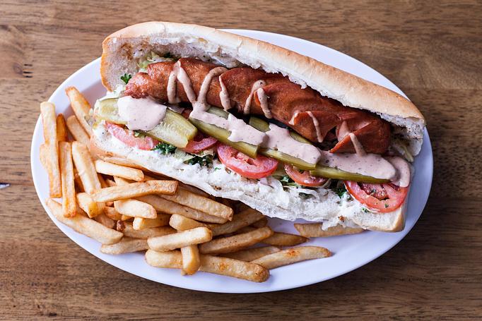 Product: German sausage sandwich (dip fry) made with mayo, parsley, tomato, pickles, lettuce, on French roll - Aiden's Grill in la crescenta / montrose / sunlandtujunga  /goendale - Glendale, CA Mediterranean Restaurants