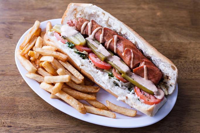 Product: German sausage sandwich (dip fry) made with, cayenne hot pepper, mayo, parsley, tomato, pickles, lettuce, on French roll - Aiden's Grill in la crescenta / montrose / sunlandtujunga  /goendale - Glendale, CA Mediterranean Restaurants