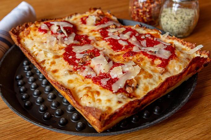 Product: Tomato Pie - Detroit Style Pizza - Blue Pan Pizza in Congress Park - Denver, CO Dessert Restaurants Product: Tomato Pie - Detroit Style Pizza - Blue Pan Pizza in Congress Park - Denver, CO Dessert Restaurants