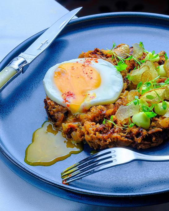 Product: Duck Confit Hash - Rohan Duck, Sunny-side-up Duck Egg, Wasabi Mayonnaise - Brennan's - Wine Cellar in French Quarter - New Orleans, LA Cajun & Creole Restaurant