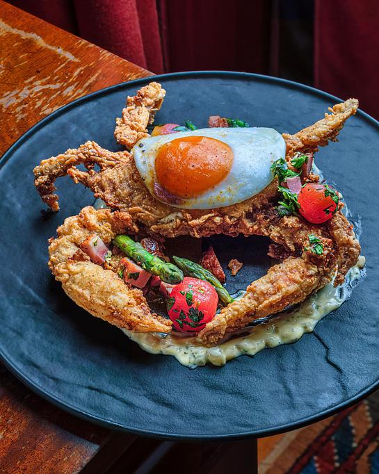 Product: Fried Soft-Shell Crab Chartres

Louisiana Whale Crab, Tasso Ham, Asparagus, Confit Tomato, Creole Spiced Egg, Bearnaise - Brennan's - Wine Cellar in French Quarter - New Orleans, LA Cajun & Creole Restaurant