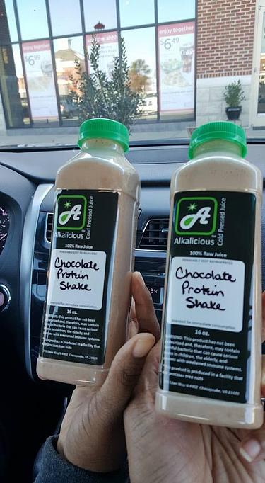 Product: Our vegan protein shake is everything! Banana, almond or cashew, and your choice of chocolate or vanilla protein. - Alkalicious Cold Pressed Juice Bar in Greenbrier East - Chesapeake, VA Organic Restaurants