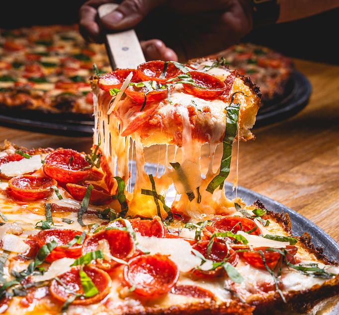 Product: Littlerose - Detroit Style Pizza - Cheese Pull - Blue Pan Pizza in South Golden - Golden, CO American Restaurants Product: Littlerose - Detroit Style Pizza - Cheese Pull - Blue Pan Pizza in South Golden - Golden, CO American Restaurants