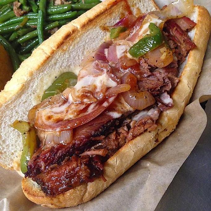 Product: Brisket Texas Philly and Green Beans sautéed with Smoked Pulled Pork - Deep Run Roadhouse in West End - Richmond, VA Barbecue Restaurants Product: Brisket Texas Philly and Green Beans sautéed with Smoked Pulled Pork - Deep Run Roadhouse in West End - Richmond, VA Barbecue Restaurants