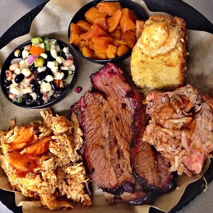 Product: Three Meat Platter - Brisket, Pork, Chicken, Candied Yams, Texas Caviar, and Corn Bread - Deep Run Roadhouse in West End - Richmond, VA Barbecue Restaurants Product: Three Meat Platter - Brisket, Pork, Chicken, Candied Yams, Texas Caviar, and Corn Bread - Deep Run Roadhouse in West End - Richmond, VA Barbecue Restaurants