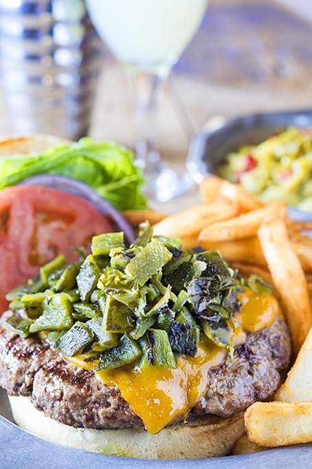 Product: The Del Charro Burger with Green Chile and Cheddar Cheese - Del Charro Saloon in Downtown Santa Fe - Santa Fe, NM American Restaurants