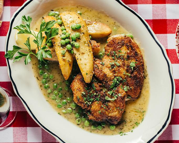 Product: a chicago staple. half of a chicken, deboned and marinated in fresh herbs and garlic. the chicken is cooked until skin is extra crispy. served with roasted potato wedges and a classic white wine, lemon, fresh herb sauce. - Il Porcellino in River North - Chicago, IL Italian Restaurants