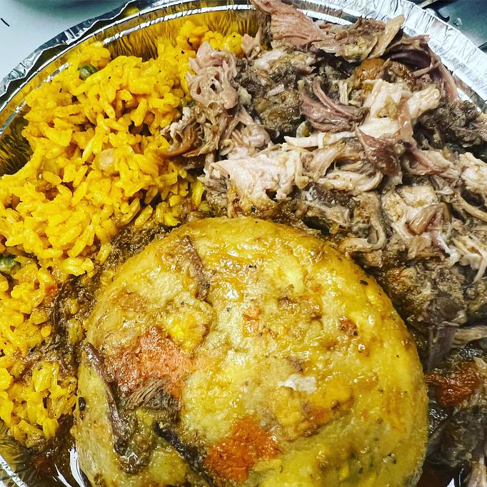 Product: Mofongo with Pernil and arroz con gandules. - Joe's Caribe Restaurant and Bakery in Scenic Heights - Pensacola, FL Caribbean Restaurants