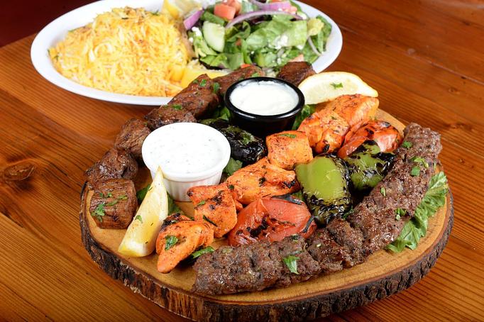 Product: The Sultan Platter with fillet steak kebab choice and 1/2 Greek salad - Kebab Place in DTSA - Santa Ana, CA Greek Restaurants