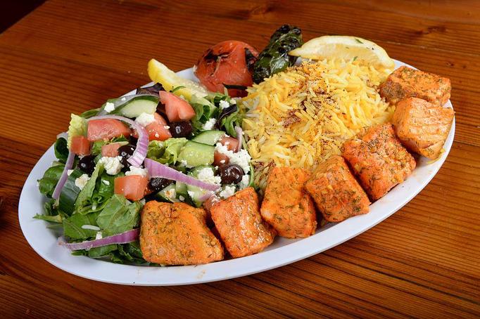 Product: Wild Salmon Kebab with 1/2 Greek Salad - Kebab Place in DTSA - Santa Ana, CA Greek Restaurants