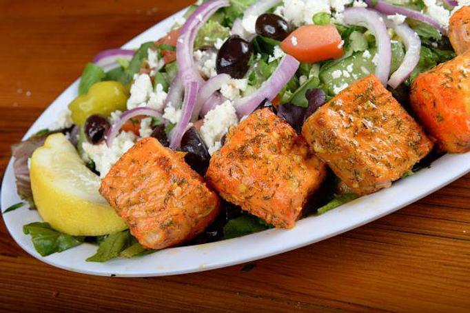 Product: Wild Salmon Greek salad - Kebab Place in DTSA - Santa Ana, CA Greek Restaurants