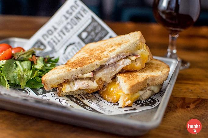 Product: Hook’s 1 year cheddar, provolone, red onion mayo, Honeycrisp apple, on MSDC sourdough - Longtable Beer Cafe in Downtown Middleton - Middleton, WI American Restaurants