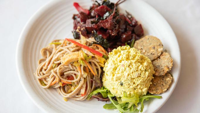Product: 3 Salad Combo with Soba Noodle Salad, Red Beet Poke & Curried Chickpea Salad (V) - M Café in Los Angeles, CA American Restaurants