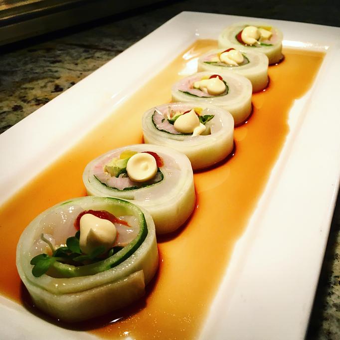 Product: Scallop, Yellowtail, Mint Leaf, Daikon Sprouts, Avocado, & Pickled Daikon wrapped in Cucumber, Topped with Ponzu Sauce, Sriracha, & Japanese Mayo - Mulan Bistro in Midtown - Memphis, TN Chinese Restaurants