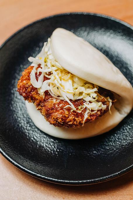 Product: fried chicken, spicy mustard, japanese bbq sauce and kewpie mayo on a steamed bun - Ramen San in Chicago, IL Japanese Restaurants