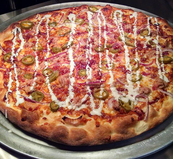 Product: Pulled Pork Pizza (made with local pork) - Rocky's Pizza in Huntersville, NC - Huntersville, NC Italian Restaurants