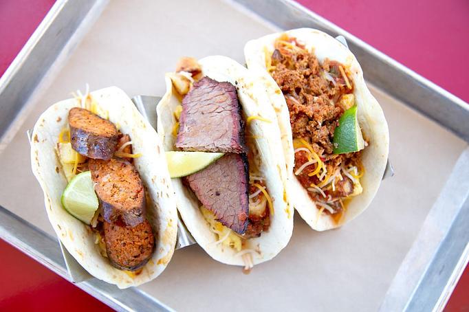 Product: Ghost Pepperjack Sausage, Brisket, and Chorizo Breakfast Tacos - Scott's Kitchen in Kansas City, MO Barbecue Restaurants