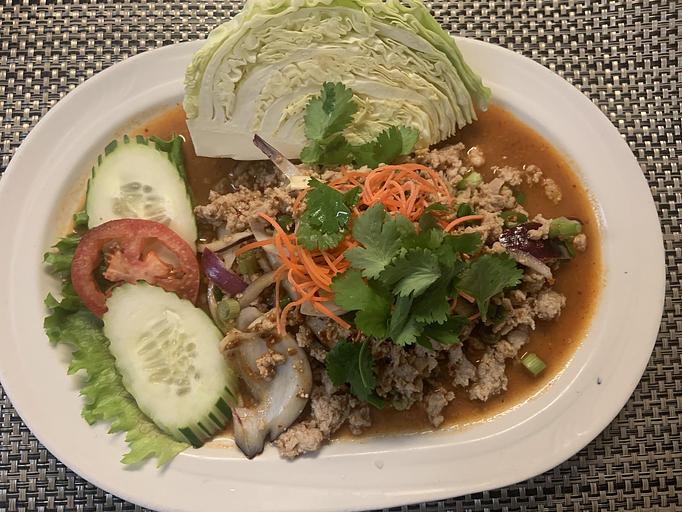Product: Minced chicken or beef spiced with lime juice, chili, rice powder, and fresh mint - Siam Queen Thai Bistro in Carlsbad, CA Thai Restaurants