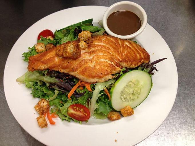 Product: Grilled Salmon Salad - Sir Edmond Halley's in Myers Park - Charlotte, NC Hamburger Restaurants Product: Grilled Salmon Salad - Sir Edmond Halley's in Myers Park - Charlotte, NC Hamburger Restaurants