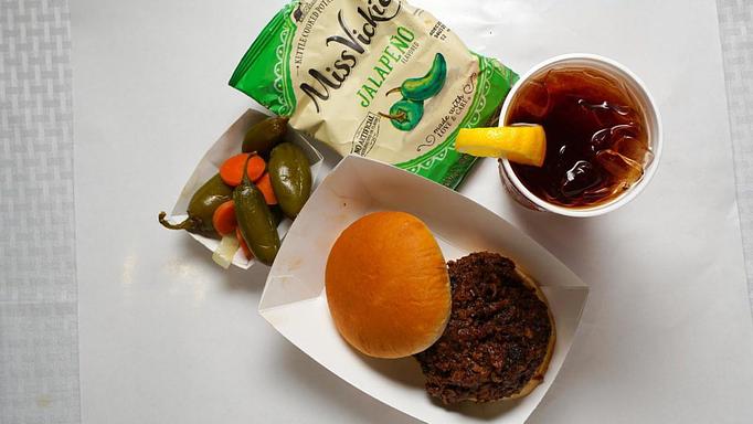 Product: Sandwich Combo - Chop Sandwich, Chips and Iced Tea - Smokey Mo’s BBQ in New Braunfels, TX Barbecue Restaurants