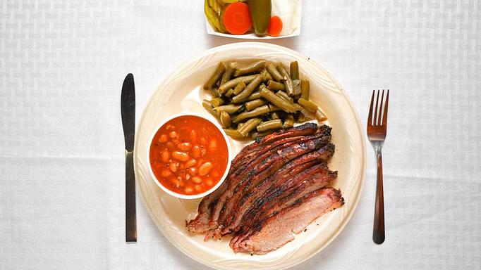 Product: Brisket Plate and Pinto Beans and Green Beans - Smokey Mo’s BBQ in New Braunfels, TX Barbecue Restaurants