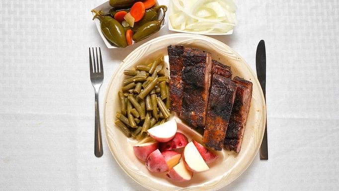 Product: Pork Ribs Plate with Buttered Potatoes and Green Beans - Smokey Mo’s BBQ in Spring Branch, TX Barbecue Restaurants