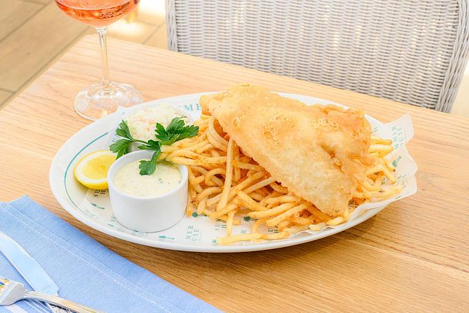Product: Lightly battered alaska rock cod served with malt vinegar fries and a side of tartar sauce - Summer House - Las Vegas in Las Vegas, NV Restaurants/Food & Dining