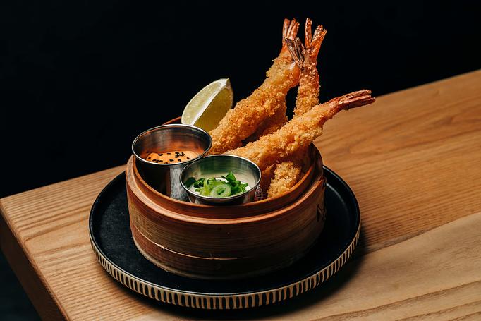 Product: 4 black tiger shrimp are breaded seasoned with togarashi ichimi. sides of gochujang mayo and wasabi tobiko mayo put you in control of the heat - Sushi San - Reservations in River North - Chicago, IL Japanese Restaurants