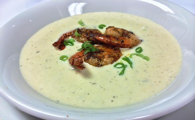 Product: Creamy Vidalia Onion Bisque Topped with Blackened Shrimp 7.31.14 - The Caboose Restaurant in Located in Beautiful Downtown McComb - McComb, MS Cajun & Creole Restaurant