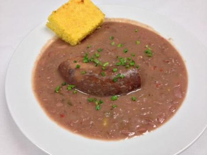 Product: Monday Classic!  Tasty Red Beans and Rice with Smoked Sausage Served with Cornbread - The Caboose Restaurant in Located in Beautiful Downtown McComb - McComb, MS Cajun & Creole Restaurant