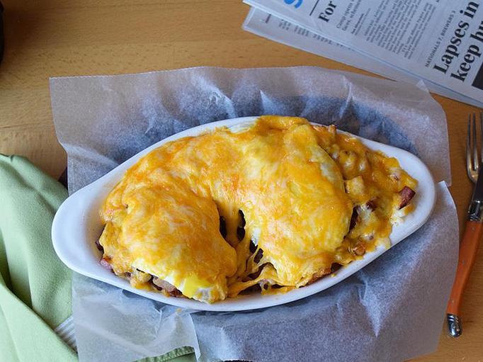 Product: Breakfast Skillet Basic - Eggs your way, sausage, bacon, ham, three cheese blend, potatoes - West Allis Cheese & Sausage Shoppe in West Allis, WI Coffee, Espresso & Tea House Restaurants