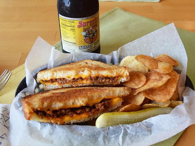 Product: Cheezy Joe - Grilled cheese with sloppy joe on white bread - West Allis Cheese & Sausage Shoppe in West Allis, WI Coffee, Espresso & Tea House Restaurants
