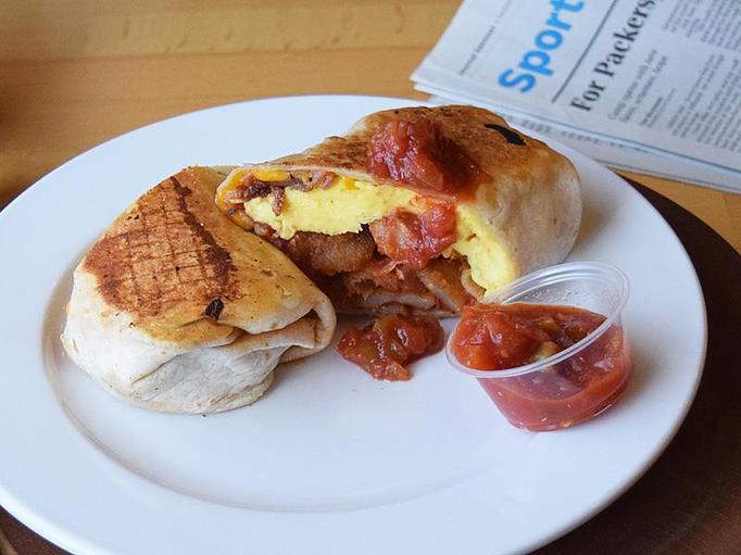 Product: Hangover Burrito - Three scrambled eggs, potatoes, salsa, cheddar, sausage or bacon - West Allis Cheese & Sausage Shoppe in West Allis, WI Coffee, Espresso & Tea House Restaurants