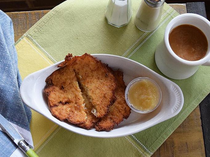 Product: Potato Pancakes - homemade potato pancakes served with applesauce - West Allis Cheese & Sausage Shoppe in Milwaukee, WI Meat Products