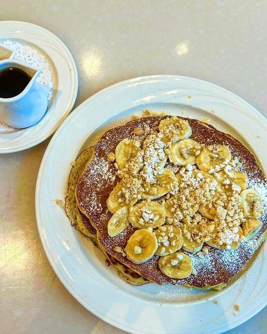 Product: Short Stack of Pancakes with Banana & M.A.C. Nut Topping - M.a.c. 24/7 in Waikiki - Honolulu, HI American Restaurants
