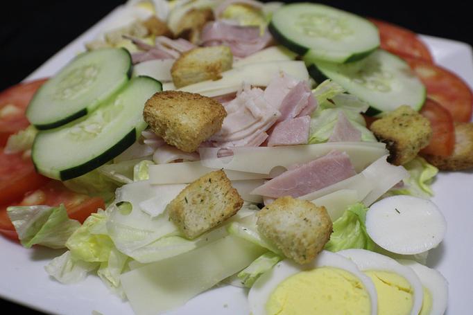 Product: Chef's Salad - Iceburg, julienne ham, turkey & swiss with tomato, egg, cucumber and croutons - Franconia Heritage Restaurant in Telford, PA American Restaurants