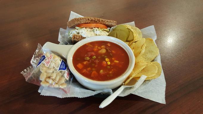 Product: THE QUICK POW-WOW: Bowl of Soup and 1/2 a Sandwich for 7.95, served with a side of Chips. - Indian Mound Cafe in Norwood, OH Indian Restaurants