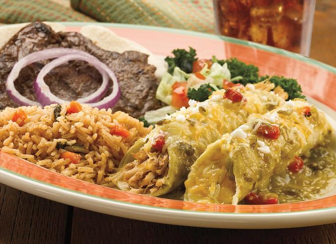 Product: One of our most popular dishes! Tender marinated steak or juicy chicken breast accompanied by your choice of two enchiladas (beef, chicken or cheese). Served with Spanish rice, pico de gallo and warm flour tortillas. - Paradiso Mexican Restaurant in Fargo, ND Mexican Restaurants