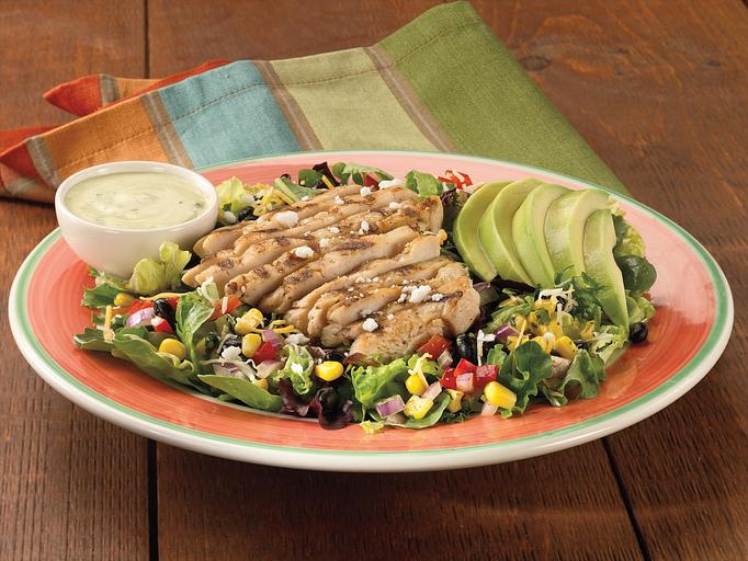 Product: Warm, marinated and grilled chicken breast served atop freshly mixed greens, our black bean and corn salsa, mild Cheddar and Monterey Jack cheese and fresh avocado. Served with your choice of dressing. - Paradiso Mexican Restaurant in Fargo, ND Mexican Restaurants