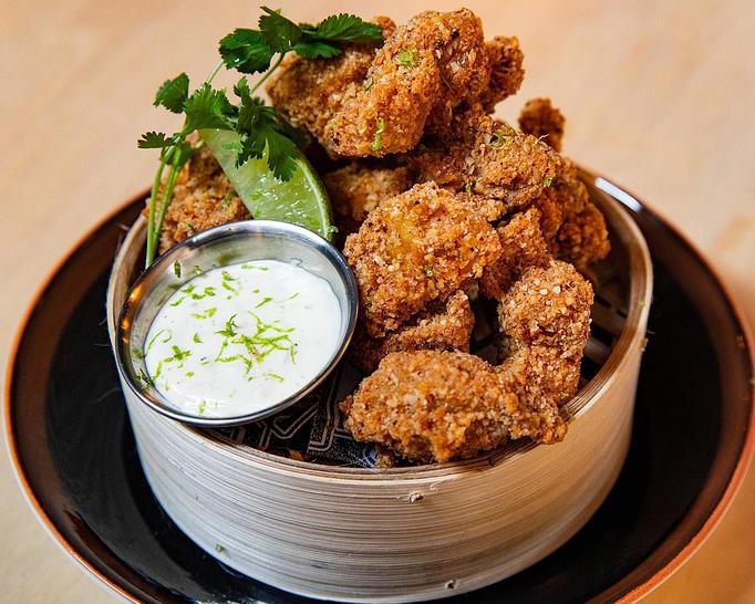 Product: with a nod to japanese karaage, we take juicy, marinated chicken thighs and toss in a breading seasoned by our signature S+P. homemade lime kosho aioli served on the side - Ramen San in Chicago, IL Restaurants/Food & Dining