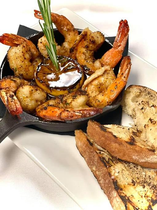 Product: Garlic and Rosemary Rubbed Shrimp, Hot Sauce-Spiked Worcestershire Butter, Charred Lemon & Grilled Ciabatta - Savour in Tallahassee, FL American Restaurants
