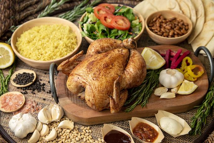 Product: whole chicken, small rice, small beans, small salad,
3 pita, 2 sauce, salad dressing - Sevan Chicken Rotisserie in Glendale, CA Mediterranean Restaurants
