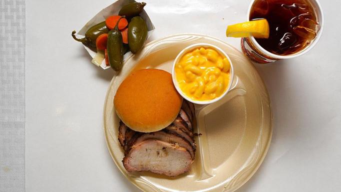 Product: Sandwich Combo - Pork Loin Sandwich, Mac and Cheese and Iced Tea - Smokey Mo's BBQ in San Antonio, TX Barbecue Restaurants