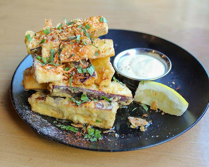 Product: eggplant batons are delicately battered and fried. Tossed with sweet and tangy Vietnamese dressing and finished with mint, fried shallot, togarashi ichimi, and dried shrimp. Served with a side of yuzu mayo - Sushi San - Reservations in River North - Chicago, IL Japanese Restaurants